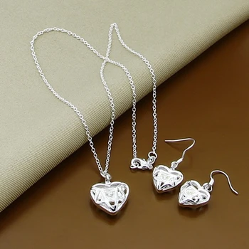 925 сребро романтична мода сърцето висулка колие обици, комплекти за жени, Дамски изискани бижута