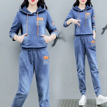 Cowdy Set Denim Two Piece Set Women 2020 casual Hooded Pant Костюми and Top Autumn Winter Outfit Clothing Matching Jeans 2 Pc Sets