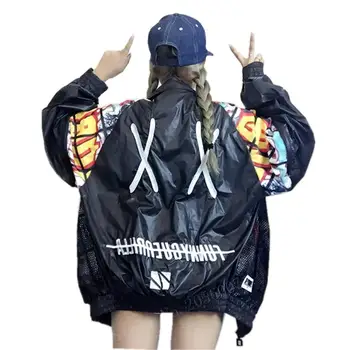 2018 есен да защита от Слънцето палто графити писма ветровка яке печат Harajuku Oversize бомбардировач колеж якета за жени