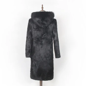 Зимно дамско палто от чисто заешко кожа с препълнена дълго палто Палто от лисьего кожа шапка с дълъг ръкав на палтото голям размер