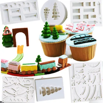3D Creative Train Track Pine Fondant Мухъл Baby Birthday Dry Мухъл САМ Cake Decorating силиконови форми шоколадови форми Gumpaste