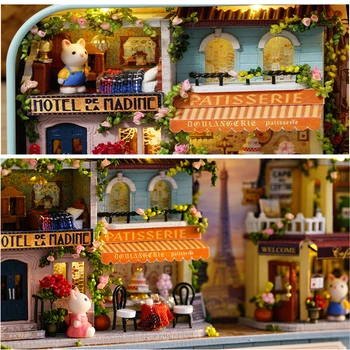 Box Theatre куклена къща миниатюрна играчка с мебели Заек САМ миниатюрен Куклена къща LED Light играчки за деца, подарък за Рожден Ден Q10