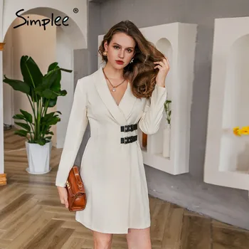 Simplee Секси v-образно деколте Дамски Ежедневни бяла рокля есен зима с дълъг ръкав плътен бял елегантен партия офис женствена рокля 2020