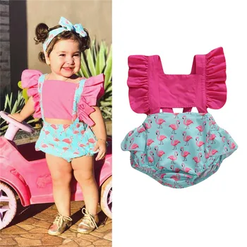 2020 summer toddle baby girls fashion Clothes Outfits hanging shoulder short Fly sleeve bow printed гащеризон set костюми 0-24M
