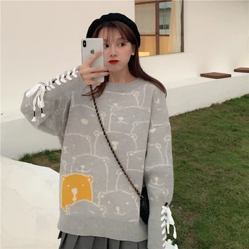 Ins Harajuku Korea Funny Cartoon с дълъг ръкав вязаный пуловер жените есен нова сладък свободен О-образно деколте мода ежедневен шик блузи пуловер