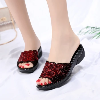 Gktinoo дамски чехли 2020 дами естествена кожа летни чехли и обувки за жени мед токчета мода планински кристал летни обувки