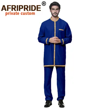 Мъжки ежедневни спортен костюм плюс размер ризи панталони от две части комплект Dashiki екипировки За-образно деколте с дълъг ръкав Африканска облекло A2116004