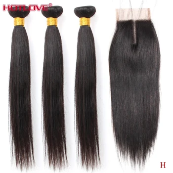 Перу права коса Weave 3 връзки със завързана затварянето на Hotlove Human Hair Weave Пакет Closure and with Пакет Реми Hair