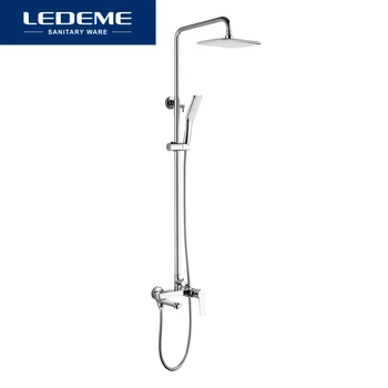 LEDEME хромирани вана, смесител за душ кран въртящ се чучур баня Монтиране на стена с дъждовна приставка за душ с бял ръчен душ L2414