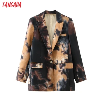 Tangada Women Vintage Print Blazer палто ретро назъбена яка с дълъг ръкав 2020 мода женски свободни шик блузи DA152