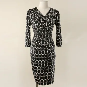 2020 есен 3/4 ръкав Bodycon Midi молив Vestidos V-образно деколте, Секси OL Office Work Print Dress