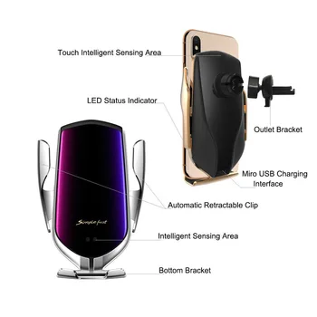 Автоматично стяга инфрачервен сензор за 10 W автомобилното безжично зарядно устройство, щипка за iPhone 11 XR XS X 8 Samsung S9 S10 Qi Fast Charging Holder