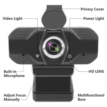 2020 1080p уеб-камера с микрофон, капак за поверителност и статив, намаляване на шума на компютъра HD USB уеб камера за мащабиране на YouTube, Skype PC