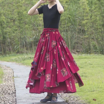 Жената пролет есен еластичен колан поли оригинален дизайн етнически стил нередовен цветен принт Ретро памук бельо дълги поли
