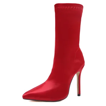 Koovan Дамски ботуши на високи токчета, посочи сатен еластична, кърпа, чорапи, ботуши, кожени ботуши червен син черен Дамски обувки