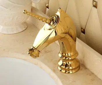 Безплатна доставка уникална мода Златен месинг кран басейна комплект за монтаж баня кон главата кран една дълга дръжка мивка с кран