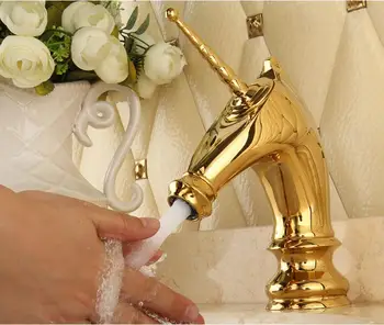 Безплатна доставка уникална мода Златен месинг кран басейна комплект за монтаж баня кон главата кран една дълга дръжка мивка с кран