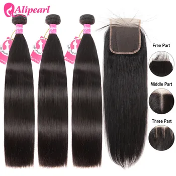 AliPearl Hair снопове от човешки косъм с 4x4 завързана затварянето на бразилски права коса Weave 3 връзки Ali Pearl Hair Extension