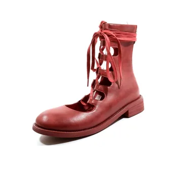 Vangull Дамски ботуши 2019 модни Дамски обувки естествена кожа коровья кожени ботуши до средата на прасците кухи римски сандали един малък размер