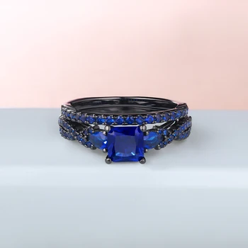 Newshe черно златен годежен пръстен комплект за жени синьо Принцеса нарязани крушовидни AAA кубичен Циркон бижута