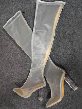 Мрежести заострени ботуши Европейски и американски Crystal дебел ток дългата тръба на висок ток прозрачен над коляното обувки