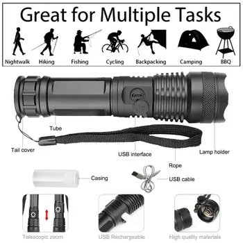 7000LM Super Brightest LED Flashlight XHP50.2 Ultra Bright Waterproof linterna led Факел Zoomable Hand Lamp USB Charge 26650