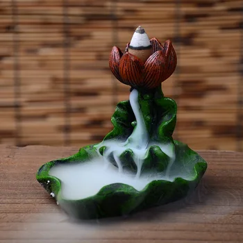 Нов мини-Зелено листо лотос цвете обратен поток кадилница тамян водопад кандило притежателя домашен офис декор + 10шт тамян шишарки