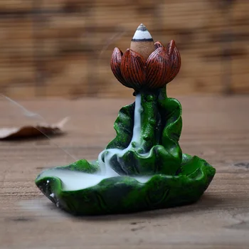 Нов мини-Зелено листо лотос цвете обратен поток кадилница тамян водопад кандило притежателя домашен офис декор + 10шт тамян шишарки