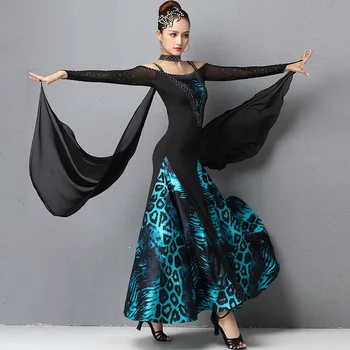 Нов модерен конкурс за танц рокля за жени, възрастни елегантен окото планински кристал с дълъг ръкав облекло Валс танцови костюми DQL4572