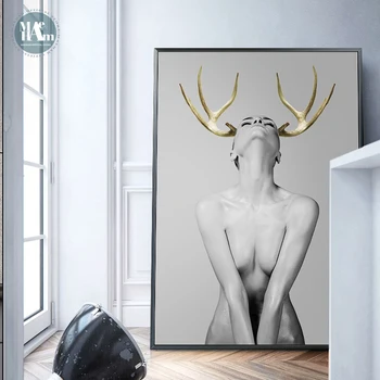 Скандинавските оленьи рога момичета фигурки стенно изкуство платно за Живопис, извежда плакати черно-бял гол арт картини за всекидневна декор Морден