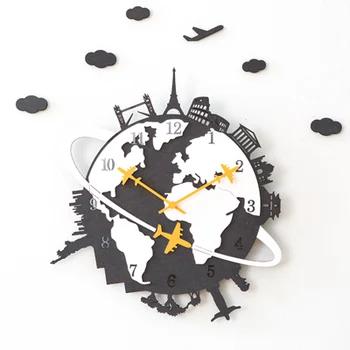 Съвременната карта на света, стенни часовници, дървени креативни декоративни безшумни стенни часовници-големи стенни часовници за всекидневна декорация на дома C5T102