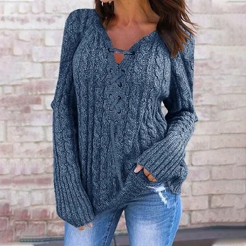 2020 новата есенно-зимна дамска мода с дълъг ръкав от дантела-обикновен вязаный топ с дълъг ръкав случайни кратък пуловер пуловер с V-образно деколте