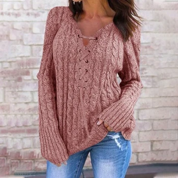 2020 новата есенно-зимна дамска мода с дълъг ръкав от дантела-обикновен вязаный топ с дълъг ръкав случайни кратък пуловер пуловер с V-образно деколте