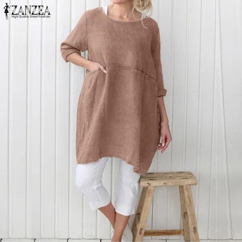 Плюс размер на жените нерегулярная блуза ZANZEA 2021 мода есен върховете ежедневни 3/4 ръкав женски Сплит твърди Blusas риза