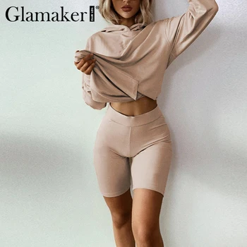 Glamaker с дълъг ръкав костюм определя жени hoody сива врана и велосипедист шорти 2 бр. Набор от мода твърди есен co рср спортни костюми 2020