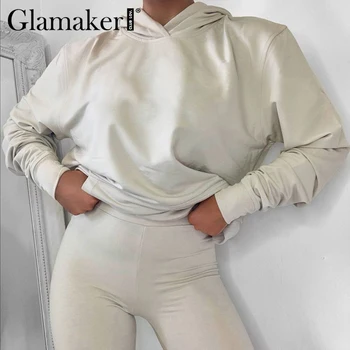 Glamaker с дълъг ръкав костюм определя жени hoody сива врана и велосипедист шорти 2 бр. Набор от мода твърди есен co рср спортни костюми 2020
