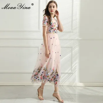 MoaaYina Summer New Fashion Dress женствена рокля с къс ръкав великолепна окото цветна бродерия рокля с висока талия