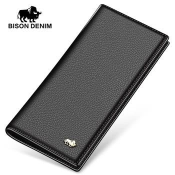 BISON DENIM луксозни мъжки портмонета от естествена кожа на дълги тънки двойни кредитни карти на притежателя на портфейла в чантата си