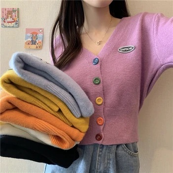 Новият корейски сладък пуловер, жилетка жени однобортный V-образно деколте с дълги ръкави вязаная яке S-4XL кратък жилетка 6 цвята