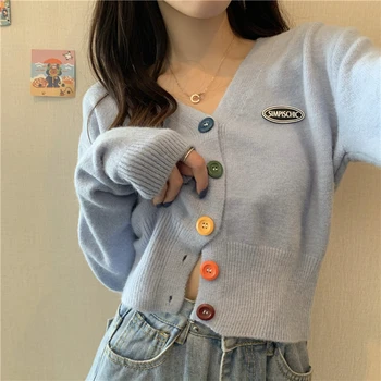 Новият корейски сладък пуловер, жилетка жени однобортный V-образно деколте с дълги ръкави вязаная яке S-4XL кратък жилетка 6 цвята