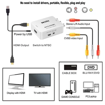 Kebidu mini RCA AV Мъжки към HDMI-съвместим женски конвертор адаптер Full HD 1080P Композитен CVBS to HDMI AV2HDMI Audio Converter