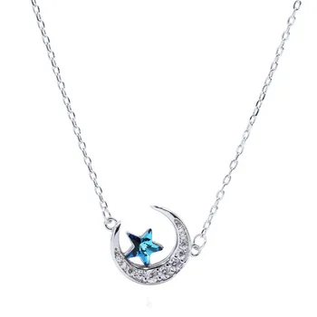 Лятна реколта 925 сребро Синята Луна Звезда на огърлицата, за жени, подарък за Дамата изявление колие-яка Bijoux бижутата