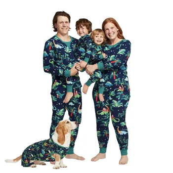 Мода семейство родител-дете костюм карикатура динозавър печат пуловер отгоре и ластични панталони от две части комплект