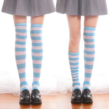 Япония Аниме cosplay Miku бедрата високи над коляното шарени чорапи чорапи синьо бяла ивица дамски памук зареждане на дългите гамаши