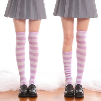 Япония Аниме cosplay Miku бедрата високи над коляното шарени чорапи чорапи синьо бяла ивица дамски памук зареждане на дългите гамаши