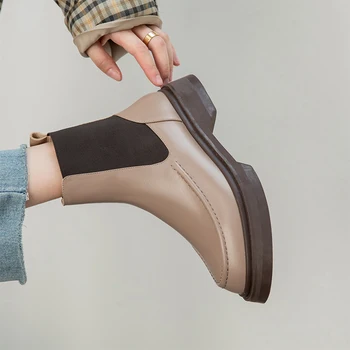 Естествена кожа обувки жена през цялата чорап набит нисък ток платформа ботильоны за момичета офис Дама работни мотоциклетни ботуши
