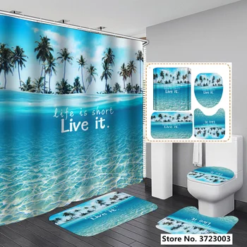 3D цветна плаж плат печат на душ завеса баня завеса морска мивка Морска звезда мивка лодка килим комплекти с капак за тоалетна мат комплект