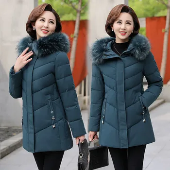 На средна възраст жена пуховик от памук нова мода с качулка дебели топли средна дължина на горно облекло плюс размера на жените паркове палто 5XL W2194