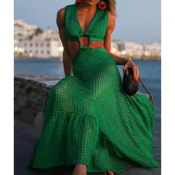 Празник на Boho Fashion Women Beach Style Dress Секси V-образно деколте без ръкави Halter деликатен кухи прозрачен Iregular Maxi сарафан 3XL