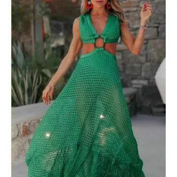 Празник на Boho Fashion Women Beach Style Dress Секси V-образно деколте без ръкави Halter деликатен кухи прозрачен Iregular Maxi сарафан 3XL
